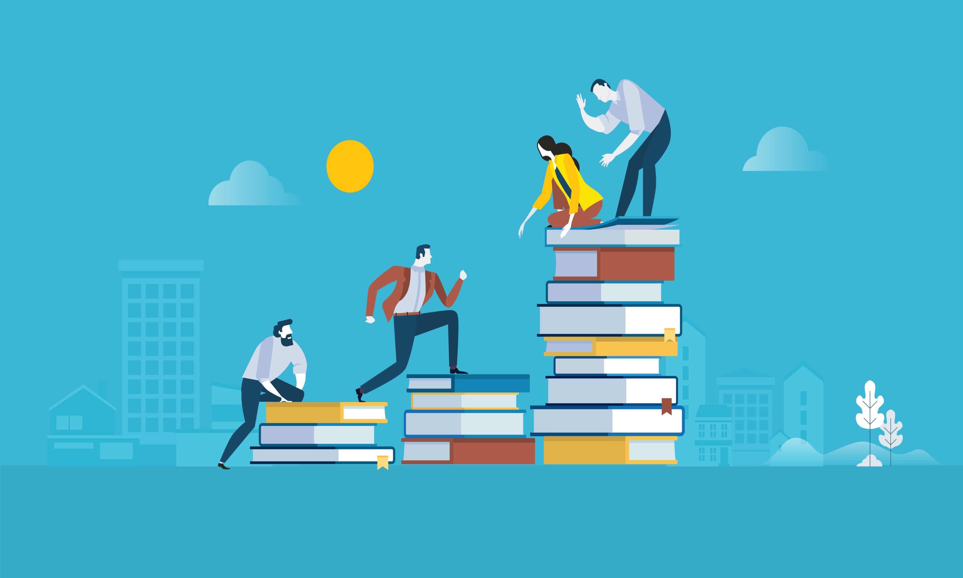 Vector image of professionals help others grow in their knowledge which is represented by stacks of books as staircases